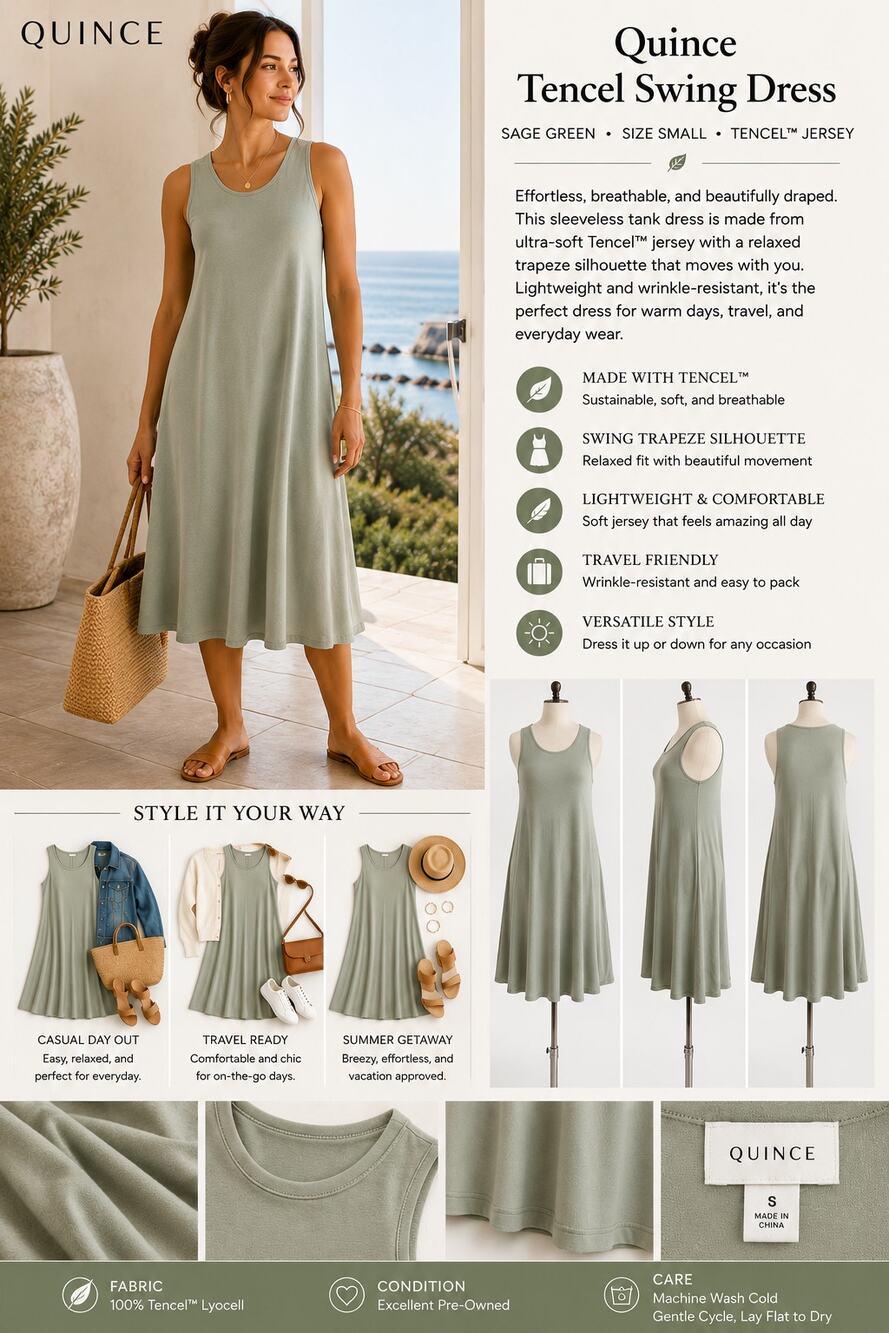 Quince Tencel Dress S Sage Green Tank Swing Trapeze Jersey Travel Casual Relaxed